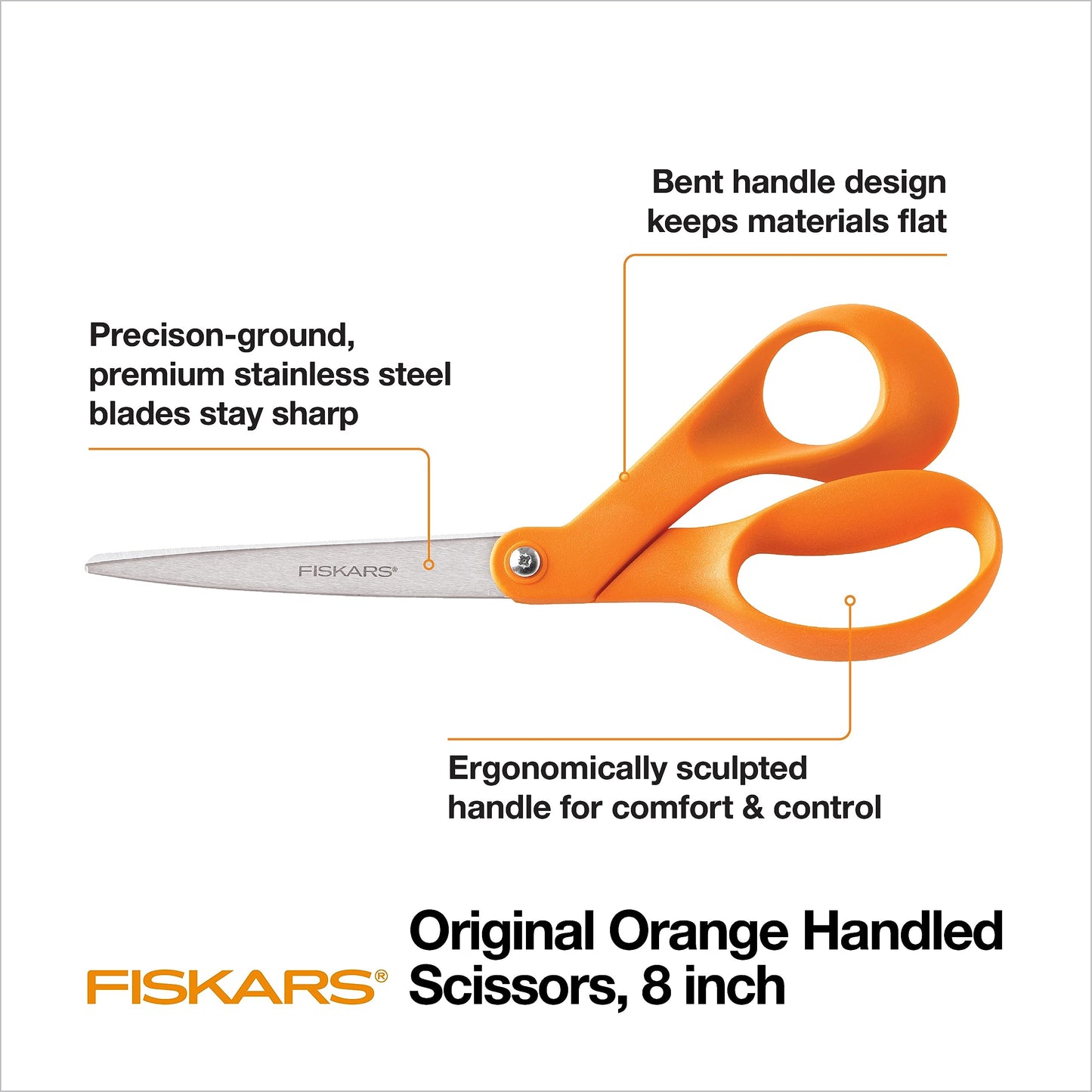 Fiskars 8” Original Orange-Handled Stainless Steel Scissors, Ergonomic and Keeps Material Flat, Sharp All-Purpose Paper and Fabric Scissors for Office, Arts, and Crafts