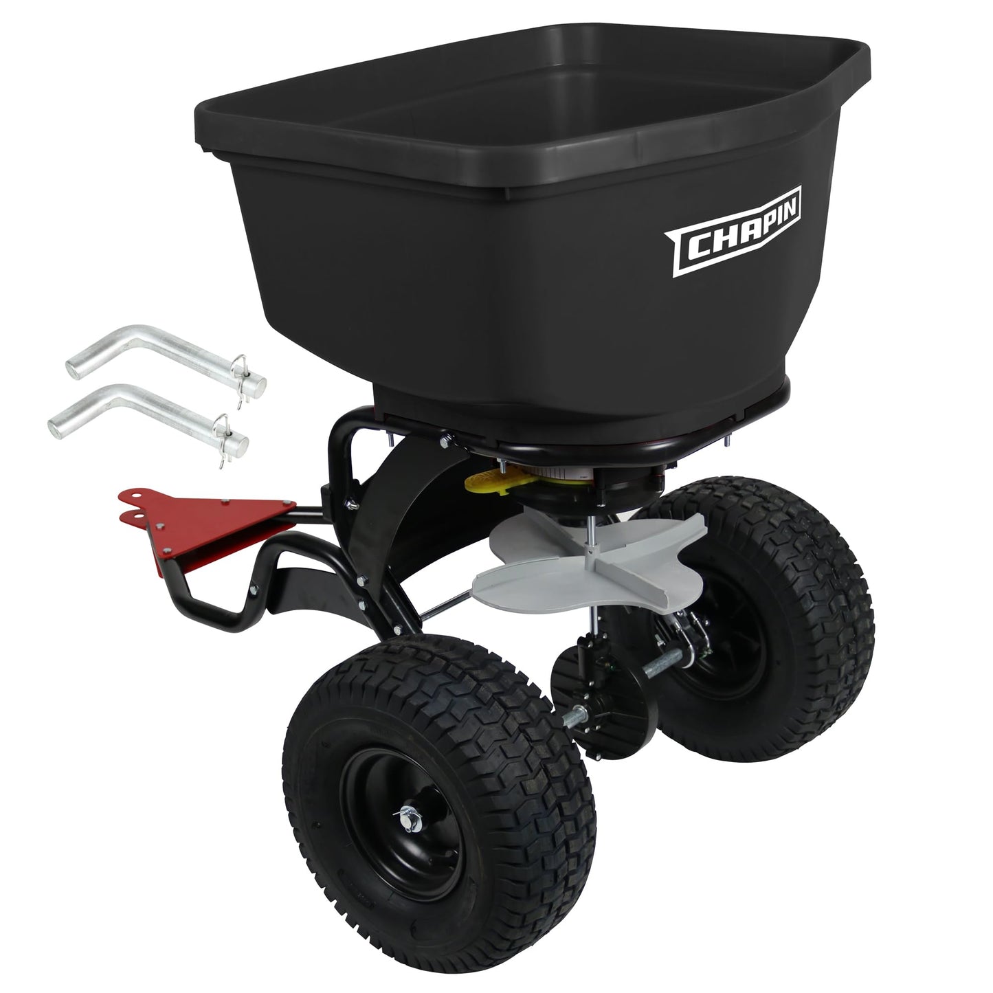 Chapin 8622B Made in The USA 2.2 Cubic Feet Tow and Pull Behind Spreader with Auto-Stop Dual Impeller That Stops When Not Moving, Designed for Farm and Tough Terrain, Hitch Pins, Black
