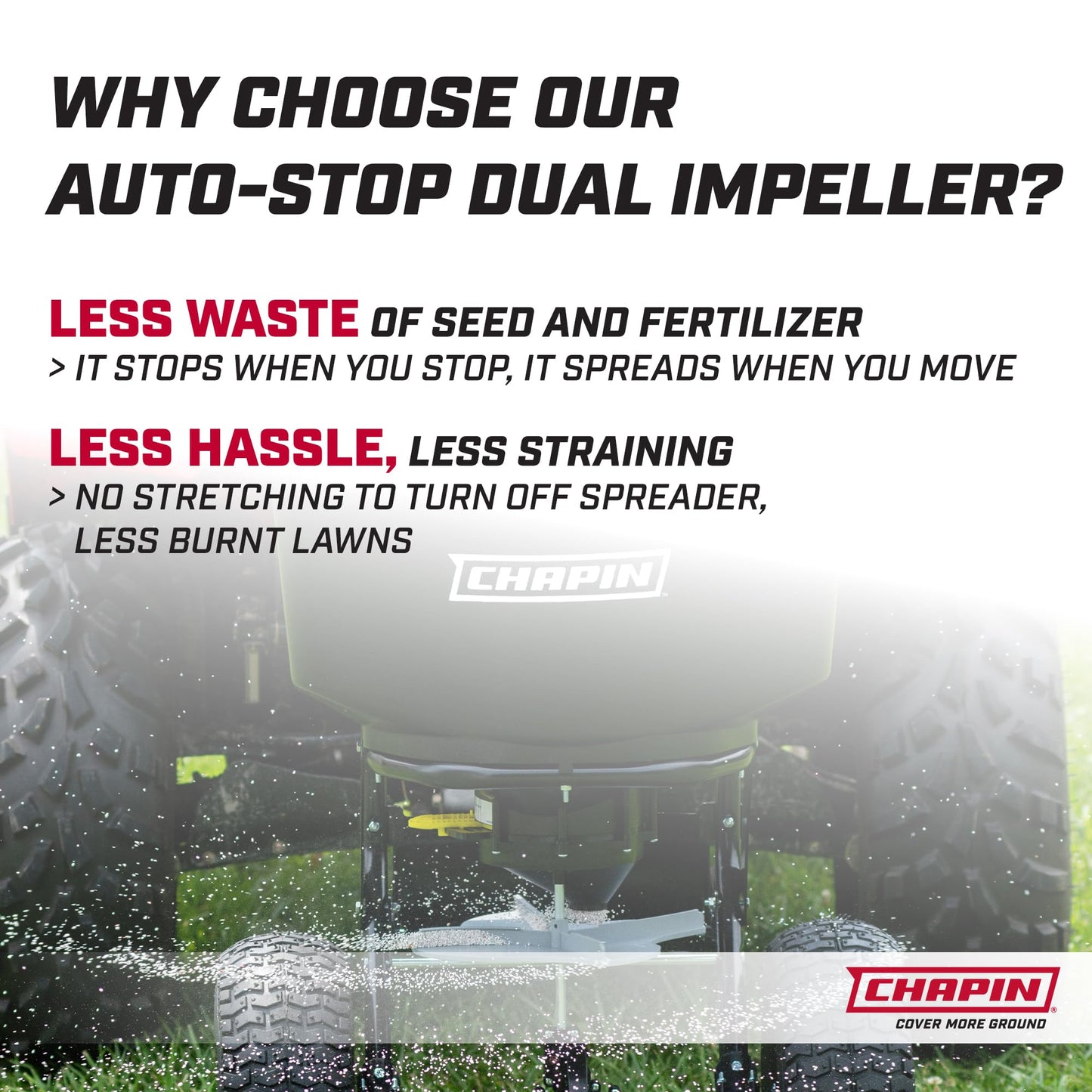 Chapin 8622B Made in The USA 2.2 Cubic Feet Tow and Pull Behind Spreader with Auto-Stop Dual Impeller That Stops When Not Moving, Designed for Farm and Tough Terrain, Hitch Pins, Black