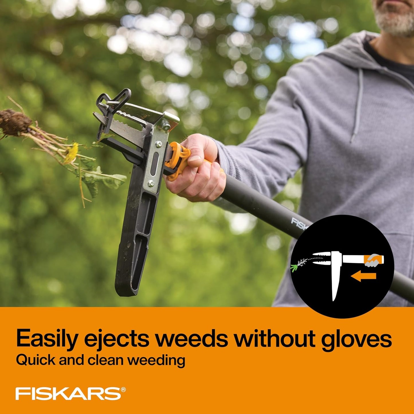 Fiskars 4-Claw Stand Up Weed Puller Tool, Gardening Hand Weeding Tool with 39" Long Ergonomic Handle with Easy-Eject Mechanism