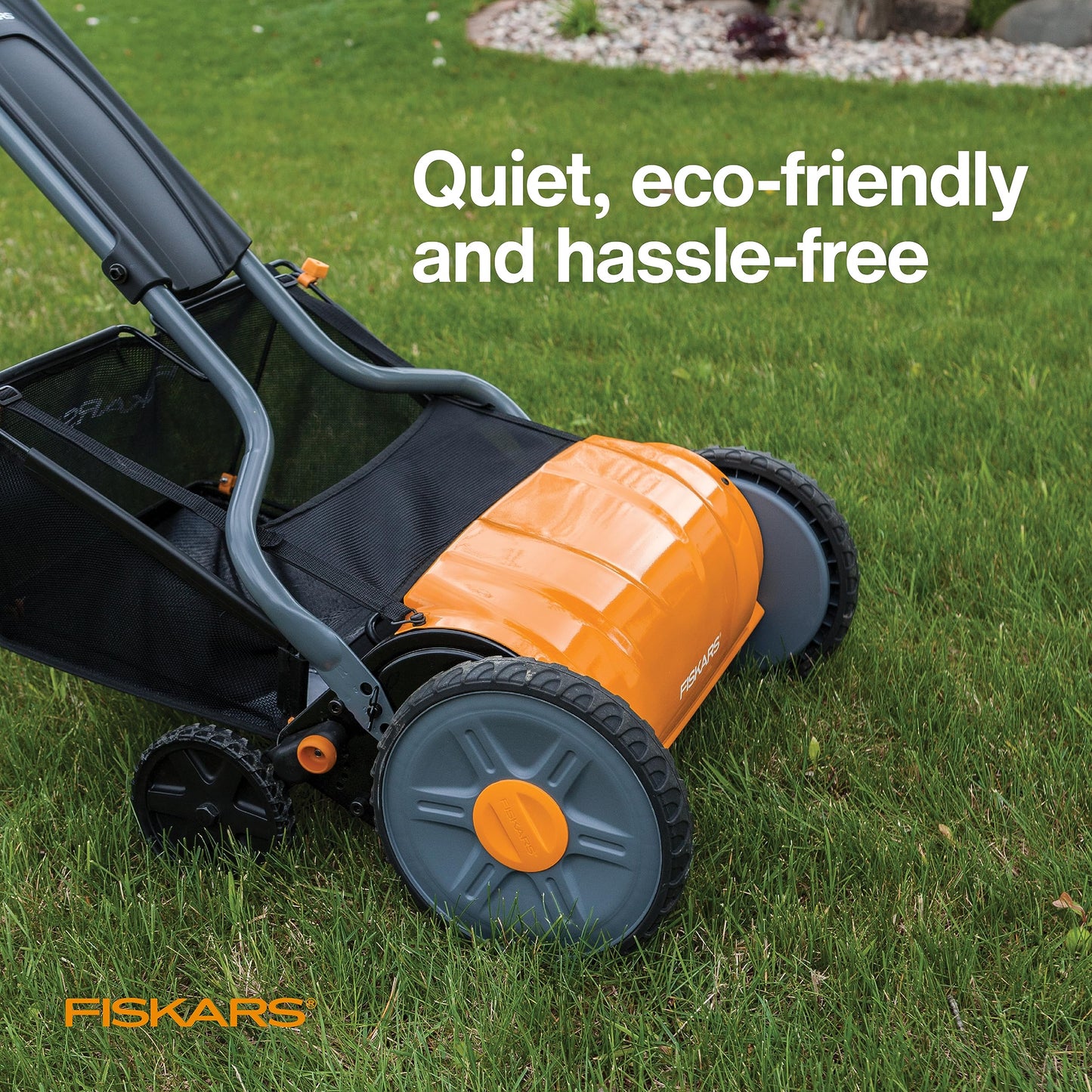 Fiskars Push Mower - 18" Cut Width Manual Reel Mower with No Motor - Grass Cutter with Steel Blades that Stay Sharp - Eco-Friendly Lawn Care