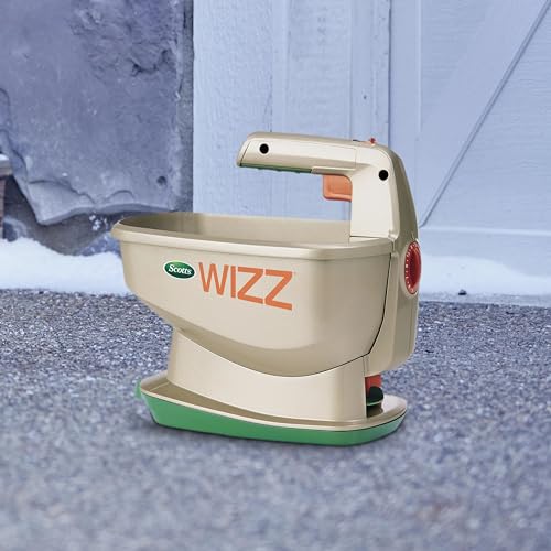 Scotts Wizz Spreader for Grass Seed, Weed and Feed, Fertilizer, Salt and Ice Melt, Handheld Spreader Holds up to 2,500 sq. ft. of Product