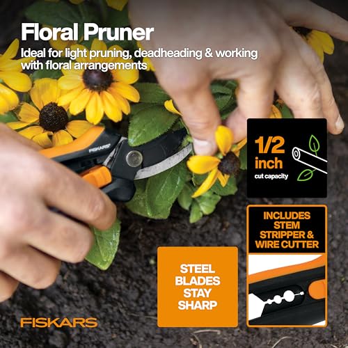 Fiskars 6" Pruning Scissors (2-Pack) for Flowers, Buds, Weeds and Small Plants, Garden Snips with Resin Resistant Nonstick Stainless Steel Blades, Gardening Trimmers with Comfortable Handle