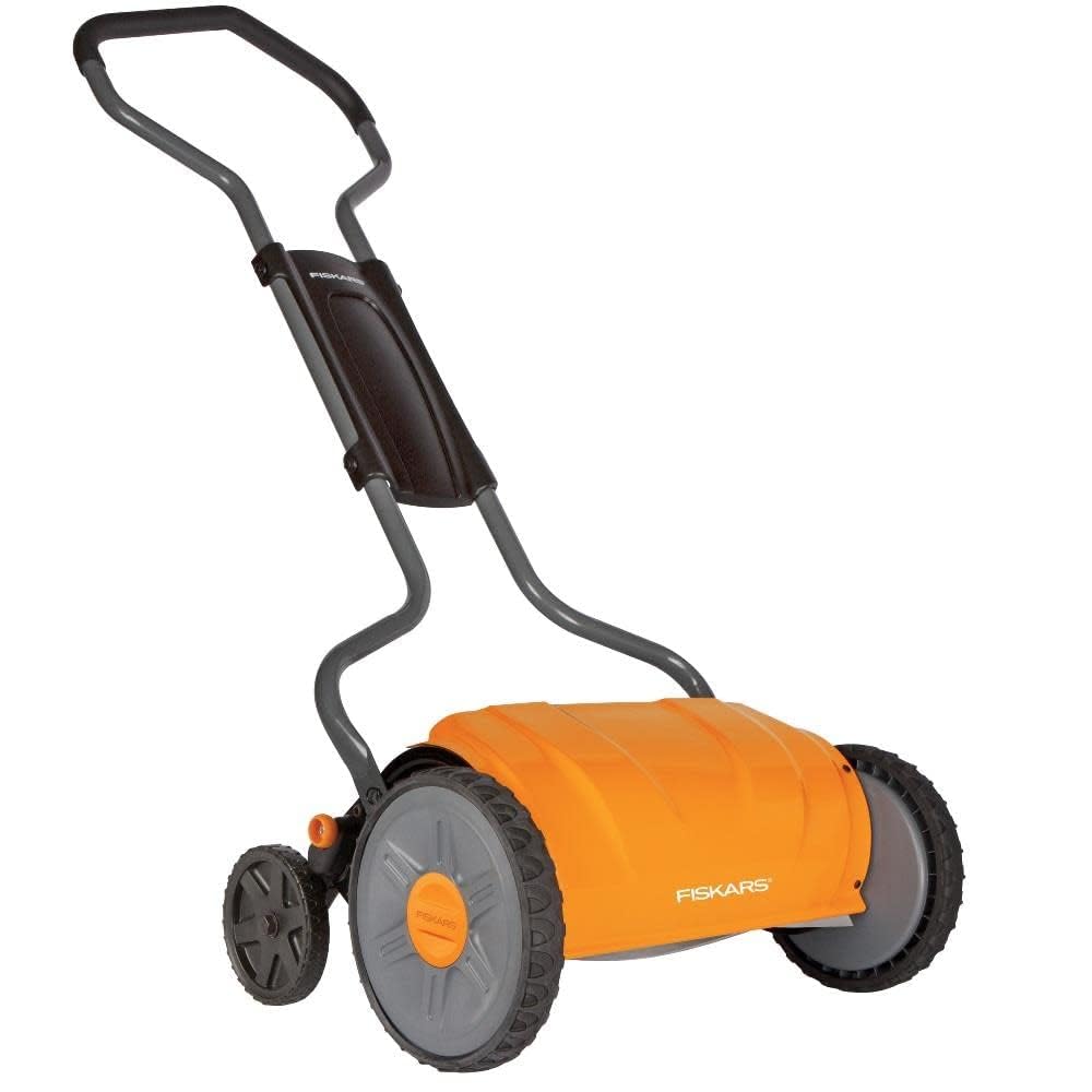 Fiskars Push Mower - 18" Cut Width Manual Reel Mower with No Motor - Grass Cutter with Steel Blades that Stay Sharp - Eco-Friendly Lawn Care