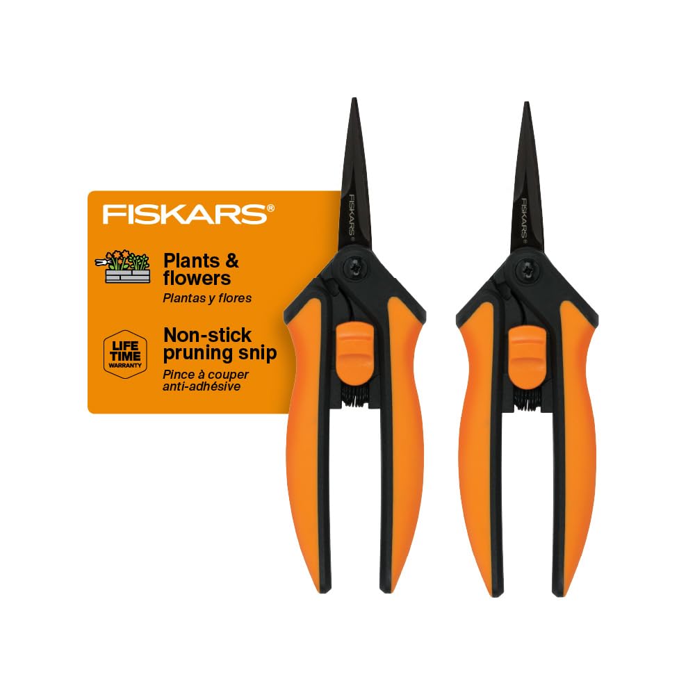 Fiskars 6" Pruning Scissors (2-Pack) for Flowers, Buds, Weeds and Small Plants, Garden Snips with Resin Resistant Nonstick Stainless Steel Blades, Gardening Trimmers with Comfortable Handle