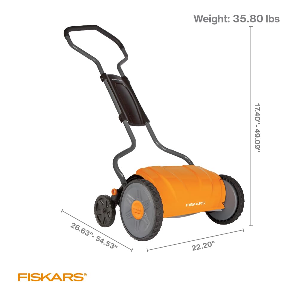 Fiskars Push Mower - 18" Cut Width Manual Reel Mower with No Motor - Grass Cutter with Steel Blades that Stay Sharp - Eco-Friendly Lawn Care