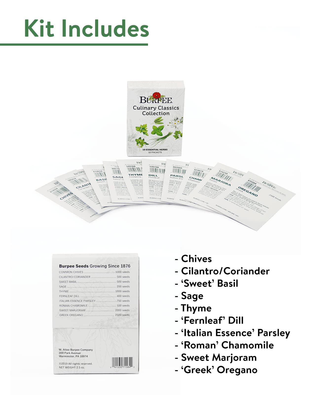 Burpee Culinary Classics Garden Collection 10 Packets of Non-GMO Chives, Cilantro, Basil, Sage, Thyme, Dill, Parsley, Chamomile, Marjoram & Oregano | Kitchen Herb Variety Pack, Seeds for Planting