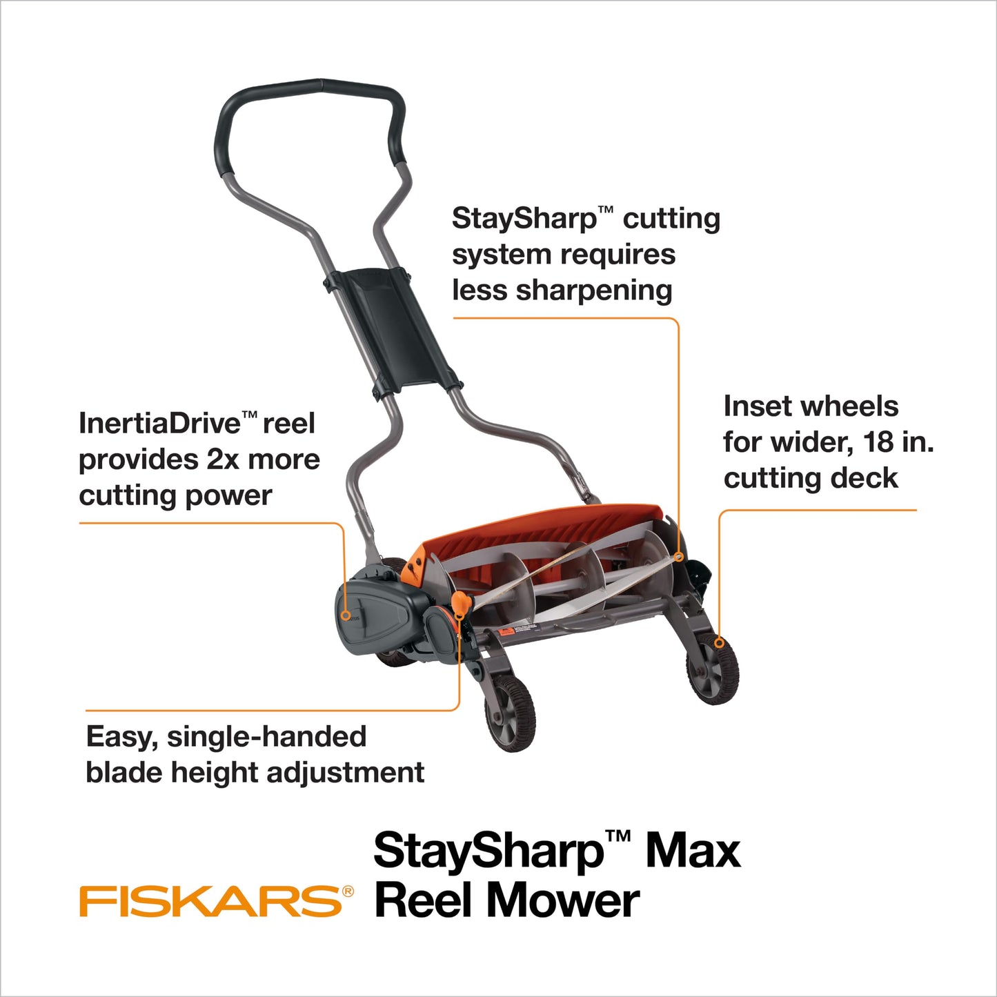 Fiskars Push Mower - 18" Cut Width Manual Reel Mower with No Motor - Grass Cutter with Steel Blades that Stay Sharp - Eco-Friendly Lawn Care