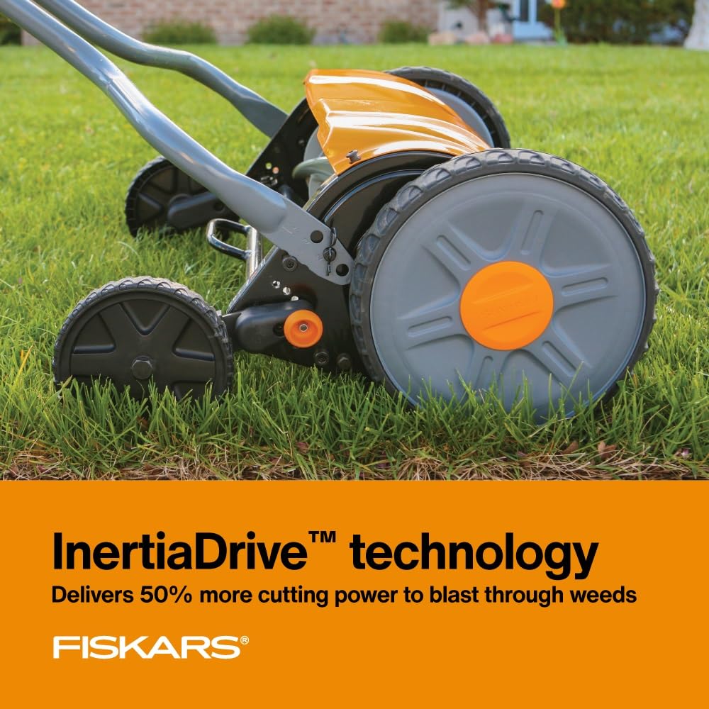 Fiskars Push Mower - 18" Cut Width Manual Reel Mower with No Motor - Grass Cutter with Steel Blades that Stay Sharp - Eco-Friendly Lawn Care