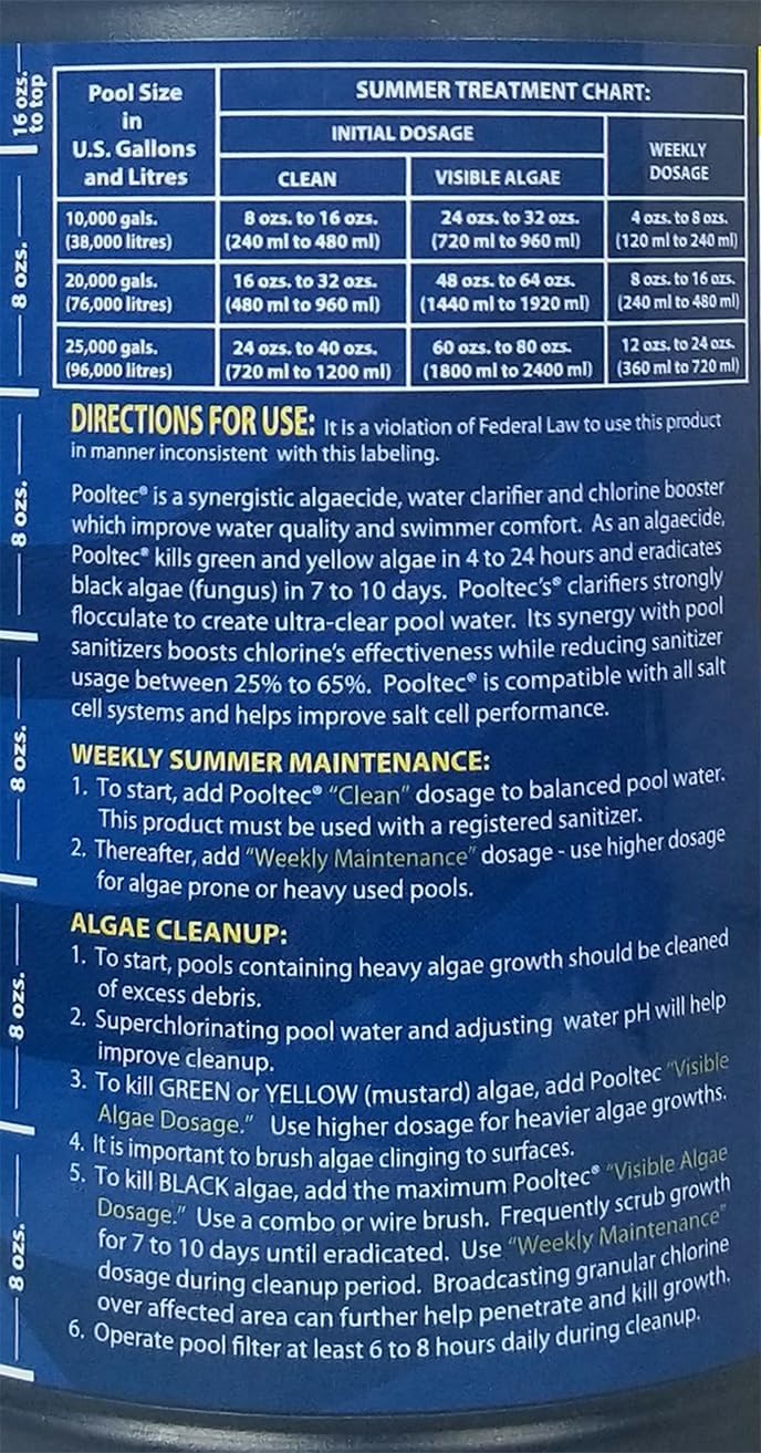 EasyCare 30064 PoolTec Algaecide, Clarifier and Chlorine Salt Cell Booster, 64 oz. Bottle