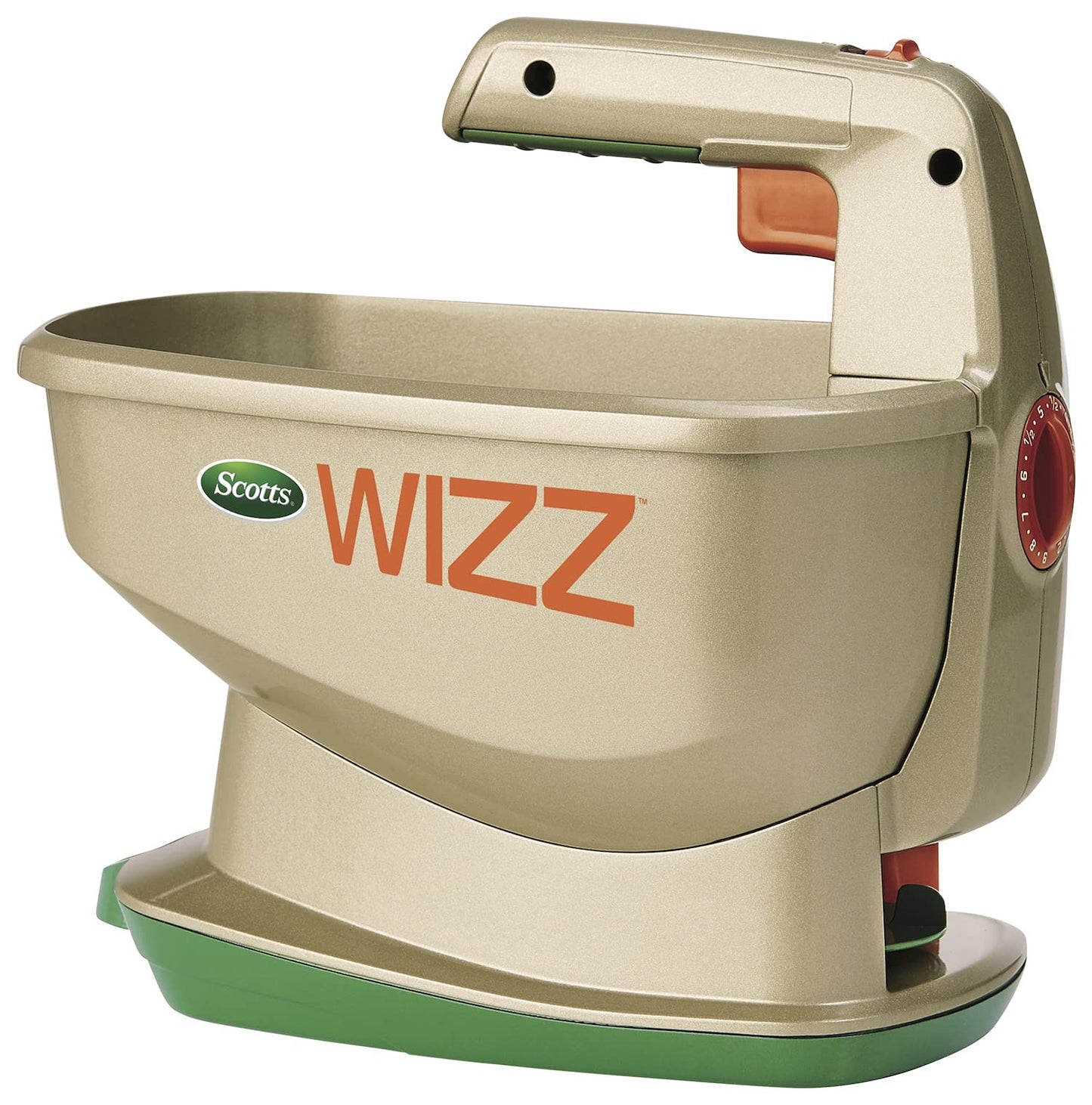 Scotts Wizz Spreader for Grass Seed, Weed and Feed, Fertilizer, Salt and Ice Melt, Handheld Spreader Holds up to 2,500 sq. ft. of Product