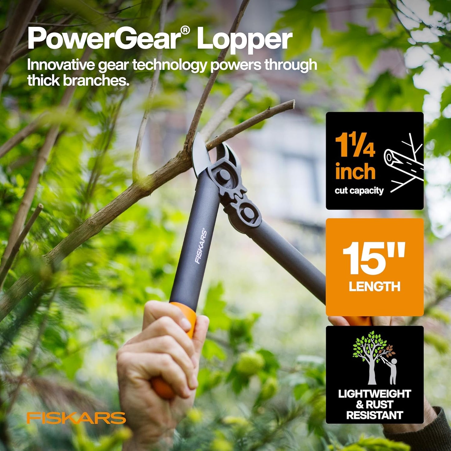 Fiskars 15-Inch PowerGear Loppers, Sharp Steel Blade Bush and Tree Trimmer, Cuts up to 1.25-Inch Diameter Branches, Rust Resistant and Lightweight Pruner, Yard Tools for Gardening